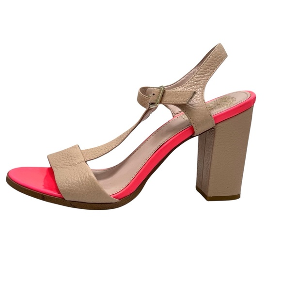 VINCE CAMUTO BEIGE & HOT PINK NOVASI BLOCK HEEL T STRAP SANDAL - Picture 11 of 16